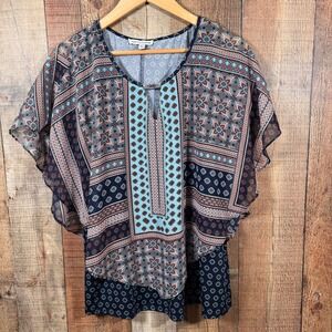 Notations Boho Patchwork Blouse Top XL Short Sleeve Keyhole Top Flowy Office